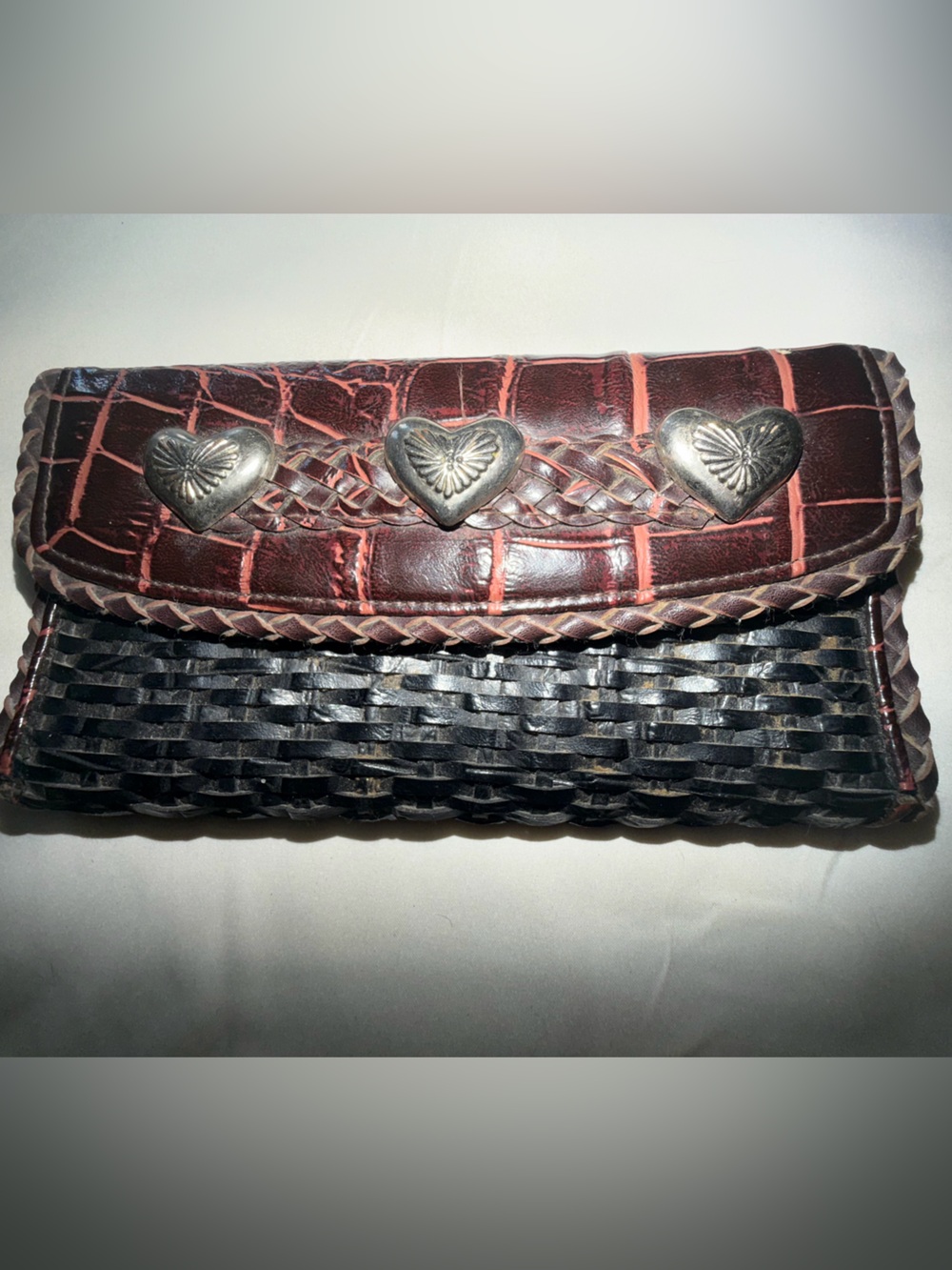 Woven Non Leather Embossed Clutch Wallet w/Heart Conchos n Braided Trip